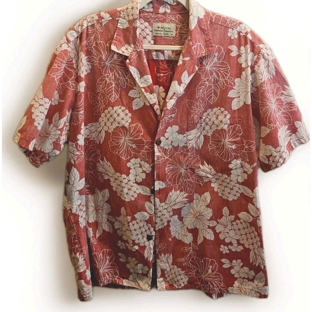 Vtg Royal Hawaiian Creations  XL Red Pineapple Hibiscus Island Shirt Festiv #664